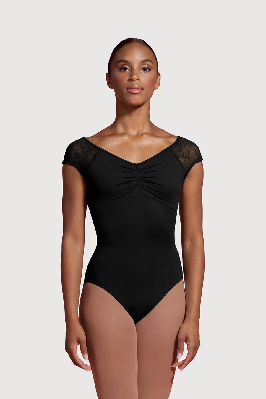 Mirella Pleated Front  Mesh Cap Sleeve Leotard